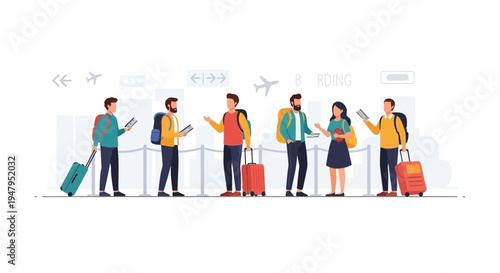 Diverse travelers with luggage waiting in airport queue for boarding, travel concept