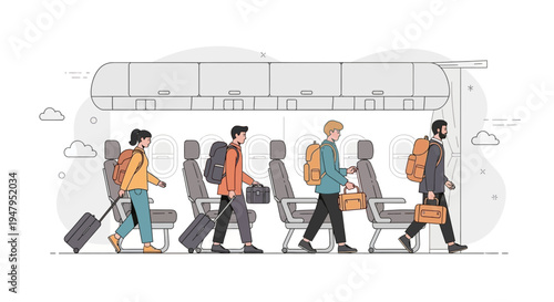 Diverse travelers boarding airplane, carrying luggage and backpacks, ready for journey