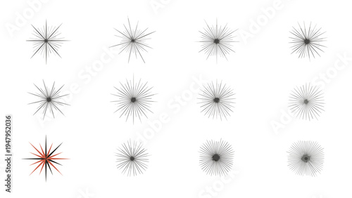 Extensive set of thin line black star and sparkle icons for minimal graphic design accents, magic themes, and celestial decorations.