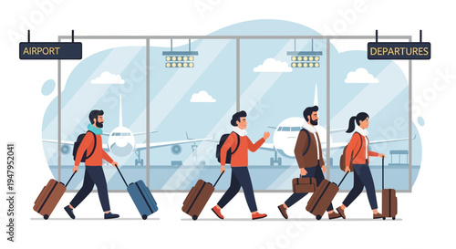 Diverse travelers with luggage walking through airport departures terminal, ready for travel