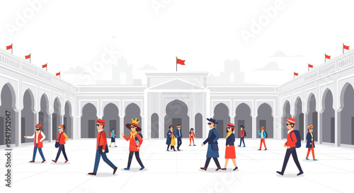 Diverse people in traditional attire walking in a grand courtyard, Morocco