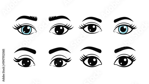 Set of detailed eye illustrations in various colors and shapes including blue, black, and stylized versions for character design and makeup art.