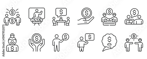 Black line icons depicting people discussing and handling money and finances