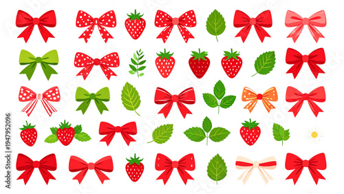 Red Ribbon Bows and Strawberry Decorative Elements Flat Vector Illustration Collection