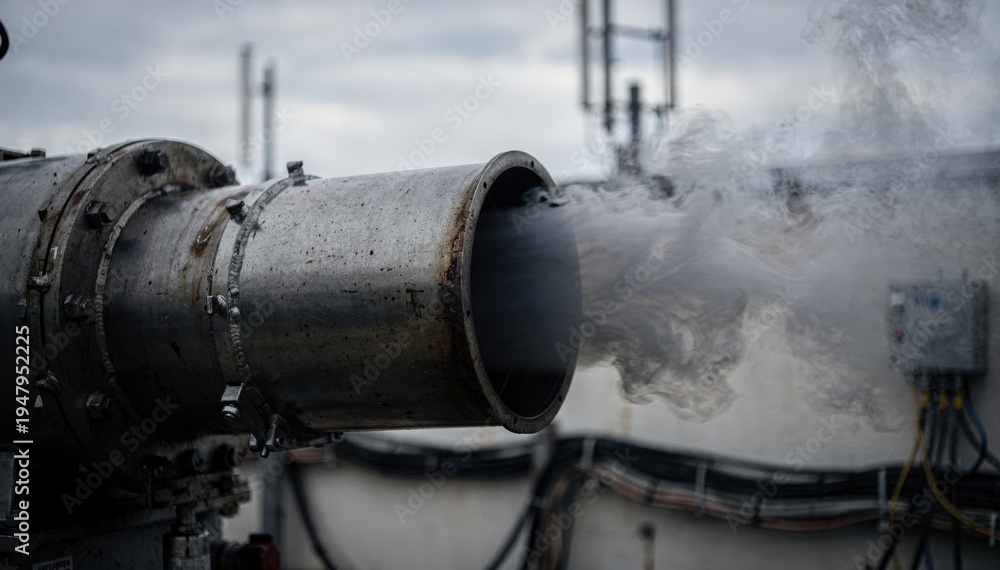 Fototapeta premium Diesel generator exhaust pipe emitting smoke during a test run main exhaust area in focus transmitter and cables softened in background.
