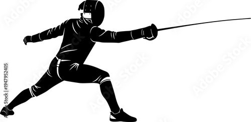 Solid black silhouette of a fencer in lunge attack position, minimalist Olympic fencing sport and athlete vector illustration isolated on white.