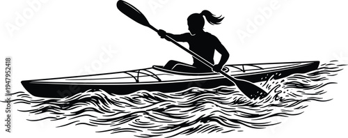 emale Kayaker Rowing Silhouette on Water Waves, Vector Illustration of Woman Paddling Kayak for Outdoor Adventure, Sports, and Summer Vacation