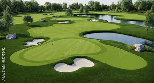 Aerial View of a Golf Course with Water Hazards and Bunkers.