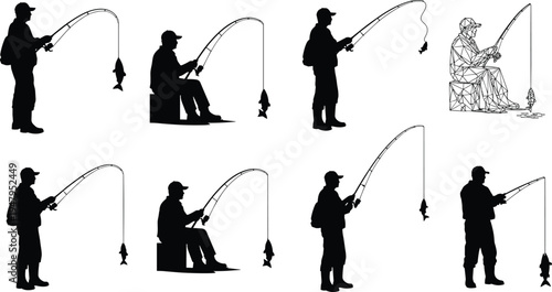 Fisherman silhouette set with man fishing using rod and reel catching fish in various poses isolated on white background vector