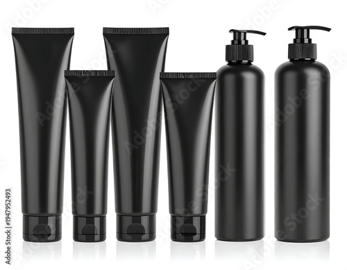 Several sleek, monochromatic black cosmetic containers, including tubes and pump bottles, arranged on a reflective surface