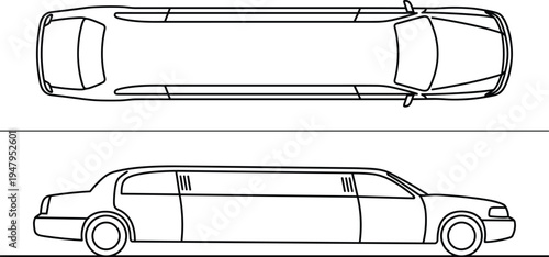 Luxury limousine outline vector illustration, stretch limo car top and side view blueprint style, transportation vehicle line art isolated on white background