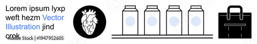 Education, healthcare, nutrition, packaging, business, design. Anatomical heart silhouette, milk bottles on a shelf and a briefcase. Education and healthcare by the anatomical heart