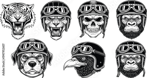 Grayscale Biker Mascot Set Featuring Angry Animals and Skull Wearing Vintage Motorcycle Helmets and Goggles for Apparel and Automotive Design