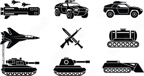 Military weapons and vehicles silhouette icons set, tank fighter jet missile armored car and rifle army equipment vector collection