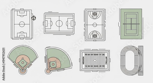 Various Sports Field Layouts and Court Diagrams Illustration.