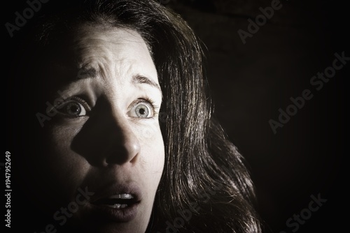 Portrait of a scared woman. Anxiety, fear, panic expression.