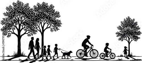 Happy family walking in park silhouette with trees, parents and children walking dog, man and child riding bicycles, outdoor leisure.