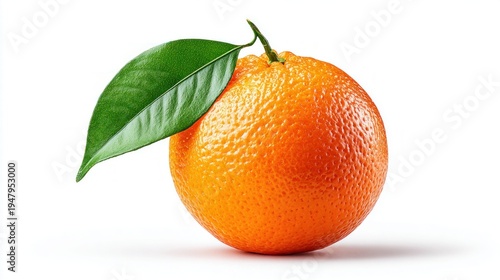 Single ripe orange with a vibrant green leaf and stem on a clean white background