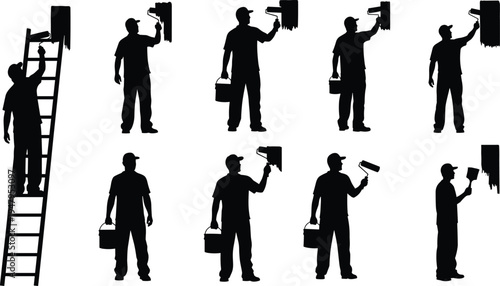 Professional house painter silhouettes set with male workers using rollers brushes and ladders for home renovation and interior wall painting