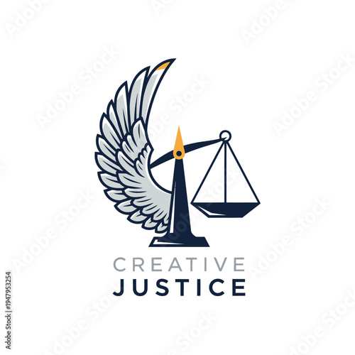 Modern Creative Justice logo featuring balance scales with elegant wings, symbolizing fairness and progressive legal solutions on an isolated white background.
