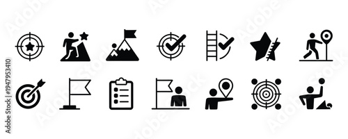 Black and white icons set for business goals and targets