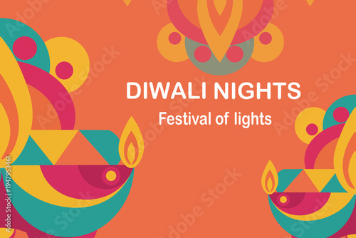 Vibrant Abstract Indian Diwali Celebration Graphic Design With Symmetrical Diya Lamps And Flat Vector Art Style,  illustration