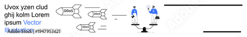 Business strategy, decision-making, equality, teamwork, negotiation, balance. Two figures on scales discussing scenarios. Business strategy and decision-making concept