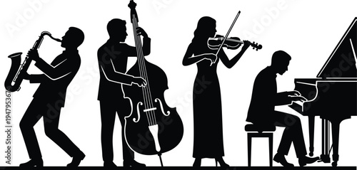 Jazz band silhouette illustration with saxophone, double bass, violin, and piano players, black and white musical performance vector scene, orchestra.