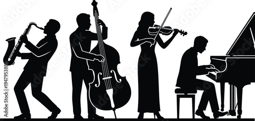 Jazz band silhouette with saxophone player, double bass musician, female violinist, and grand piano performer isolated on white background, vector.