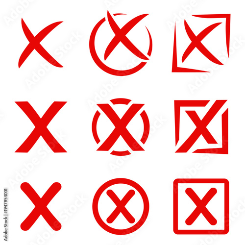 Set of Red X Mark Icons in Different Styles for Rejection and Errors