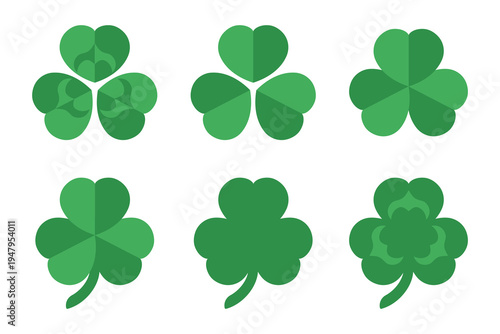 Shamrock Icons and Symbols Set - Various Green Clover Leaf Designs for St. Patrick's Day