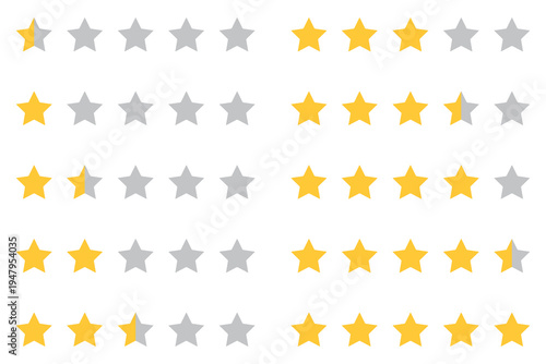 Comprehensive 5-Star Rating System Icons with Full and Partial Yellow Stars for Reviews
