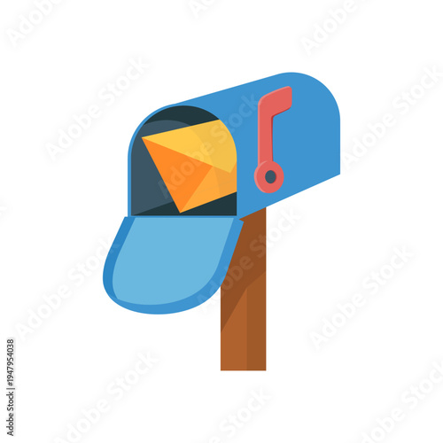 Blue Mailbox with Open Door and Orange Envelope Inside - Flat Design Vector