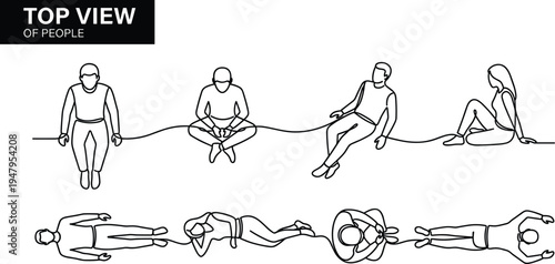 Top view people sitting and lying pose collection, overhead human perspective characters for crowd scenes, casual lifestyle activity vector illustration setTop view people sitting and lying pose colle