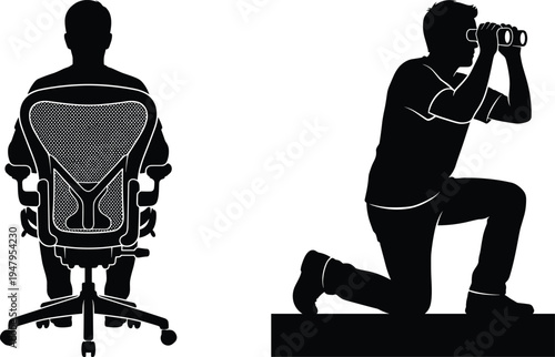 Man sitting in ergonomic office chair from back view and man kneeling with binoculars looking forward, isolated black vector silhouettes.