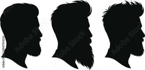 Men Haircut and Beard Styles Silhouette Collection, Barber Shop Vector Icons, Male Profile with Trendy Hairstyles, Facial Hair and Grooming