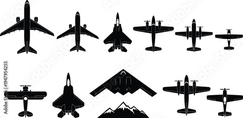 Airplane and aircraft silhouette icons set, aviation transport collection including passenger jet, fighter plane and propeller aircraft top view