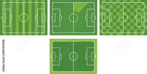 Soccer field top view set, football pitch layout collection with different grass patterns, sport stadium ground vector illustration