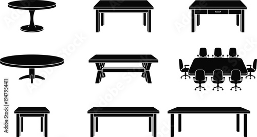 Table silhouette icon collection, dining table office desk and conference furniture set, interior design elements for home workspace vector illustration