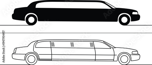 Stretch limousine silhouette and outline vector illustration, luxury limo car side view design, transportation vehicle line art isolated on white