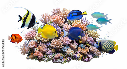 Colorful Tropical Fish Swimming Around Vibrant Coral Reef Underwater Scene