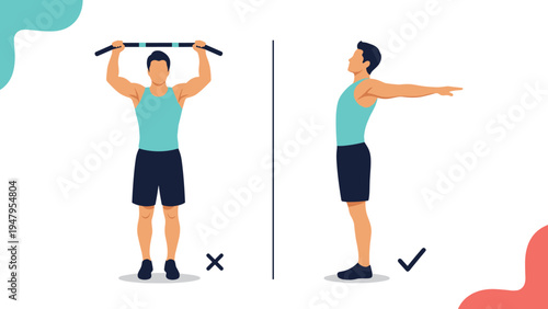 Fitness illustration comparing the wrong and right posture for a lat pulldown exercise to ensure safety and effectiveness at the gym.