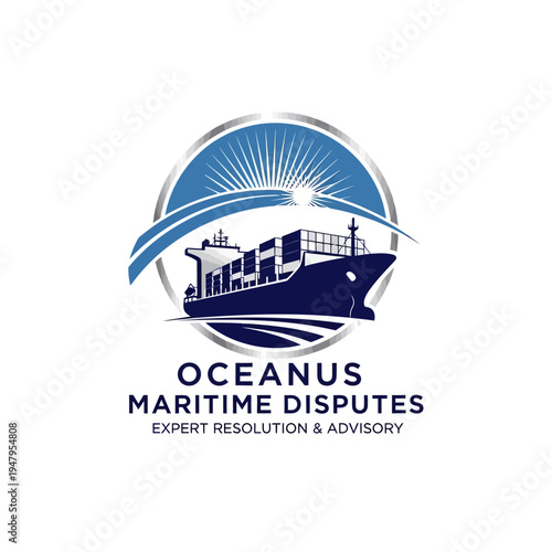 Oceanus Maritime Disputes Expert Resolution and Advisory logo with container ship in a circle with sun rays on an isolated white background.
