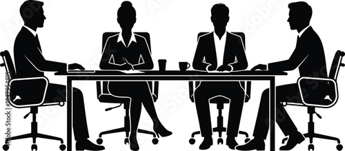 Professional business team silhouette sitting at office conference table for corporate meeting, collaborative brainstorming session, executive interview, and teamwork discussion.