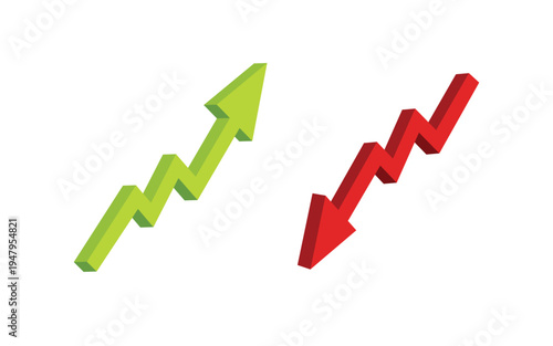 Graph going Up and Down sign with green and red arrows vector. Flat design vector illustration concept of sales bar chart symbol icon with arrow moving down and sales bar chart with arrow moving up.