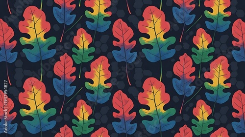 A vibrant and colorful pattern of rainbow leaves on a dark background with a repeating design