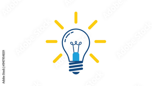Bright yellow and blue light bulb icon with glowing rays of light representing an idea, innovation, or creativity on a white background.