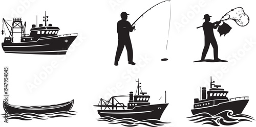 Black and white fishing and boating activities with six different scenes