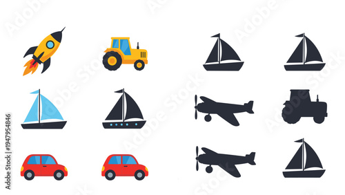 Educational matching activity for kids featuring colorful vehicles like a rocket, tractor, boat, and car with their black silhouettes.
