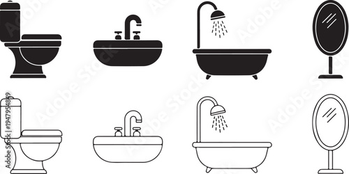 Black and white bathroom fixtures including toilet bathtub sink and mirror desi